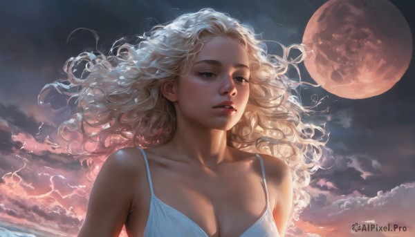 1girl,solo,long hair,breasts,blue eyes,blonde hair,dress,cleavage,bare shoulders,medium breasts,collarbone,upper body,white hair,outdoors,parted lips,sky,cloud,white dress,lips,night,floating hair,wavy hair,looking away,moon,cloudy sky,wind,full moon,curly hair,realistic,nose,ocean,spaghetti strap,lightning