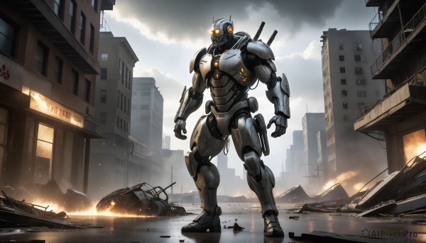 HQ,solo,1boy,standing,weapon,outdoors,sky,cloud,armor,gun,military,no humans,glowing,cloudy sky,fire,robot,ground vehicle,building,mecha,motor vehicle,smoke,science fiction,city,realistic,military vehicle,car,ruins,damaged,skyscraper,debris,destruction,orange eyes,glowing eyes,road,giant,street,power armor,traffic light,truck