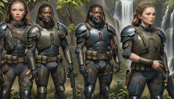 long hair,looking at viewer,multiple girls,blonde hair,brown hair,gloves,1boy,holding,2girls,brown eyes,weapon,braid,3girls,fingerless gloves,water,holding weapon,armor,tree,lips,gun,military,bodysuit,facial hair,knife,shoulder armor,holding gun,nature,rifle,beard,handgun,headset,science fiction,pauldrons,pouch,breastplate,realistic,assault rifle,holster,knee pads,trigger discipline,submachine gun,waterfall,1girl,black hair,standing,outdoors,parted lips,multiple boys,teeth,belt,pants,dark skin,black eyes,multiple views,mask,scar,dark-skinned male,scar on face,french braid,forehead,forest,scar across eye,crown braid,dreadlocks