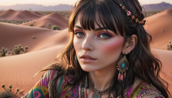 1girl,solo,long hair,looking at viewer,bangs,brown hair,black hair,hair ornament,jewelry,green eyes,upper body,earrings,outdoors,parted lips,teeth,day,necklace,blurry,lips,eyelashes,makeup,depth of field,blurry background,wavy hair,feathers,portrait,eyeshadow,freckles,mountain,realistic,nose,sand,eyeliner,mascara,desert,blush,flower,sky,grey eyes,gem,close-up