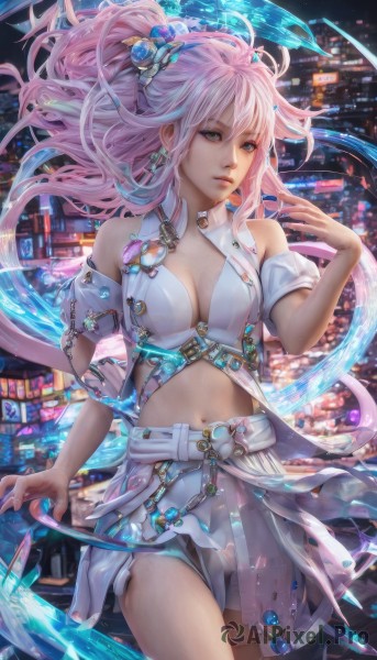 1girl,solo,long hair,breasts,looking at viewer,bangs,blue eyes,skirt,hair ornament,navel,cleavage,hair between eyes,bare shoulders,jewelry,medium breasts,pink hair,multicolored hair,cowboy shot,earrings,parted lips,detached sleeves,midriff,water,lips,see-through,floating hair,city,cityscape,green eyes,ponytail,shorts,watermark,building,gem,realistic