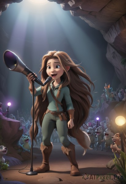 1girl,long hair,smile,open mouth,brown hair,shirt,holding,animal ears,brown eyes,very long hair,standing,tail,weapon,:d,boots,outdoors,solo focus,pointy ears,belt,pants,brown footwear,staff,microphone,6+boys,pouch,fantasy,light,singing,microphone stand,crowd,spotlight,cave,goblin,werewolf,flashlight,multiple girls,long sleeves,full body,artist name,signature,lips,knee boots,blue shirt,child,light rays,rock,music,brown belt,mouse,stage,stage lights,concert