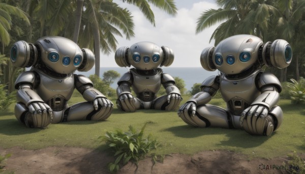 blue eyes,sitting,outdoors,sky,day,cloud,water,tree,no humans,ocean,beach,grass,plant,robot,mecha,science fiction,palm tree,indian style,humanoid robot,nature,scenery,bush