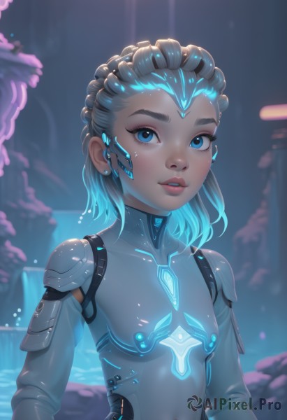 1girl,solo,breasts,looking at viewer,short hair,blue eyes,jewelry,blue hair,upper body,grey hair,multicolored hair,earrings,small breasts,parted lips,teeth,medium hair,water,blurry,lips,bodysuit,covered navel,blurry background,glowing,skin tight,science fiction,nose,android,cyborg,neon trim,cyberpunk,hologram,glowing hair,navel,braid,artist name,two-tone hair,eyelashes,makeup,facial mark,backlighting,freckles,dreadlocks