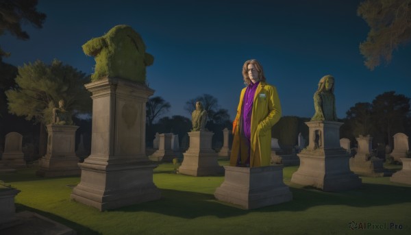 solo,brown hair,shirt,long sleeves,1boy,standing,male focus,outdoors,necktie,sky,tree,coat,night,facial hair,grass,beard,hand in pocket,hands in pockets,mustache,pillar,statue,tombstone,graveyard,1girl,jacket,blue sky,scenery