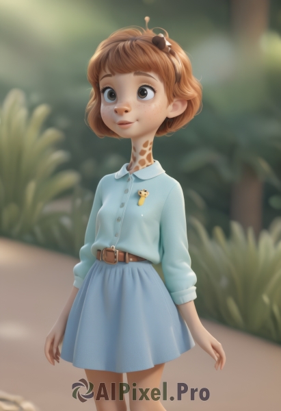 1girl,solo,smile,short hair,bangs,skirt,brown hair,shirt,long sleeves,brown eyes,closed mouth,standing,hairband,small breasts,outdoors,day,collared shirt,belt,artist name,blurry,lips,blue skirt,buttons,depth of field,blurry background,bug,blue shirt,monster girl,child,freckles,arms at sides,female child,badge,button badge,body freckles,dress,orange hair,blue dress