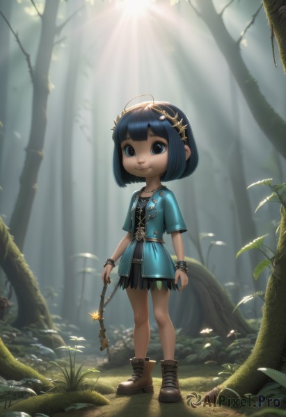 1girl,solo,looking at viewer,smile,short hair,bangs,blue eyes,skirt,shirt,black hair,holding,jewelry,closed mouth,blue hair,standing,jacket,full body,ahoge,short sleeves,hairband,boots,outdoors,open clothes,day,blunt bangs,black skirt,necklace,bracelet,open jacket,tree,lips,watermark,brown footwear,sunlight,bob cut,blue jacket,child,nature,web address,pendant,forest,backlighting,light rays,wand,female child,sunbeam,hair ornament,dress,artist name,grass,plant