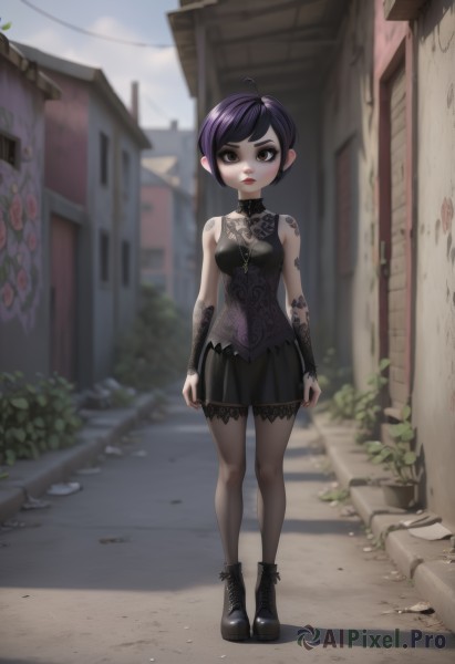 1girl,solo,breasts,looking at viewer,short hair,bangs,skirt,shirt,black hair,dress,bare shoulders,brown eyes,jewelry,medium breasts,closed mouth,standing,full body,purple hair,ahoge,pantyhose,small breasts,boots,outdoors,detached sleeves,sky,sleeveless,day,artist name,miniskirt,black skirt,necklace,nail polish,black footwear,blurry,black eyes,black dress,lips,see-through,black pantyhose,black shirt,sleeveless shirt,tattoo,makeup,sleeveless dress,depth of field,blurry background,swept bangs,shadow,expressionless,plant,lipstick,building,black nails,lace trim,lace,eyeshadow,cross-laced footwear,arms at sides,lace-up boots,ankle boots,road,eyeliner,arm tattoo,shoulder tattoo,house,street,mascara,gothic,town,alley,choker,black choker,child,brown pantyhose,city,red lips,very short hair,power lines,utility pole,black lips,lace-trimmed skirt