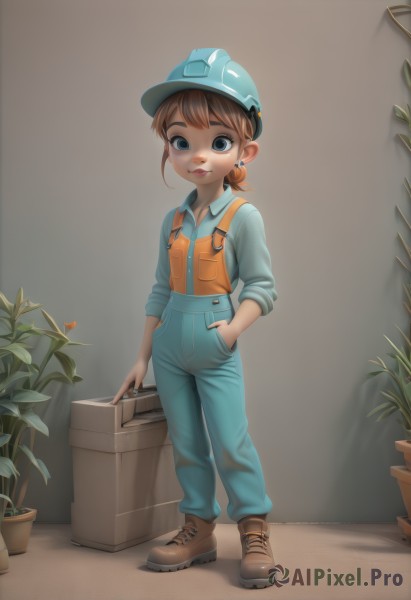 1girl,solo,looking at viewer,smile,short hair,blue eyes,brown hair,shirt,long sleeves,hat,holding,jewelry,closed mouth,standing,full body,ponytail,earrings,boots,collared shirt,pants,vest,brown footwear,helmet,blue shirt,plant,box,child,pocket,hand in pocket,blue pants,female child,potted plant,overalls,flower pot,parted lips,shoes,freckles,blue overalls