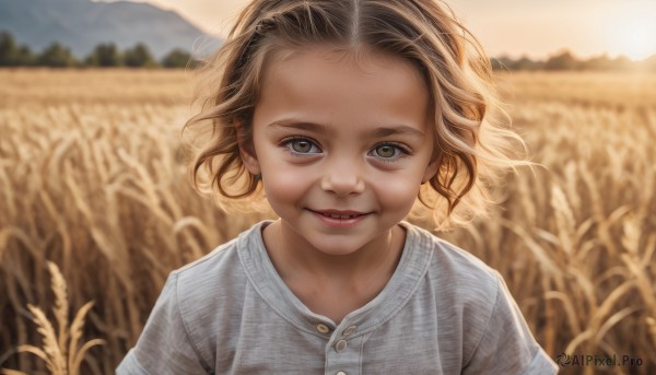 1girl,solo,looking at viewer,smile,short hair,brown hair,shirt,brown eyes,jewelry,white shirt,upper body,outdoors,parted lips,day,blurry,lips,buttons,depth of field,blurry background,child,forehead,realistic,female child,field,straight-on,open mouth,sky,teeth,wind,portrait,wheat