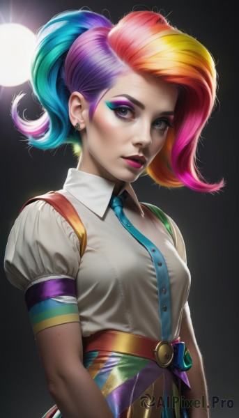 1girl,solo,long hair,breasts,looking at viewer,blue eyes,skirt,simple background,shirt,jewelry,closed mouth,blue hair,white shirt,upper body,ponytail,pink hair,purple hair,short sleeves,multicolored hair,earrings,small breasts,necktie,puffy sleeves,collared shirt,belt,artist name,signature,orange hair,two-tone hair,puffy short sleeves,lips,grey eyes,eyelashes,makeup,buttons,watermark,piercing,suspenders,wing collar,lipstick,web address,multicolored clothes,eyeshadow,freckles,asymmetrical hair,blue necktie,realistic,nose,arms at sides,stud earrings,eyeliner,purple lips,multicolored skirt,mascara,rainbow hair,short hair,bangs,blonde hair,medium breasts,red hair,parted lips,green hair,teeth,shiny,gradient,aqua hair,gradient hair,swept bangs,black background,buckle,lens flare,backlighting,belt buckle,pink lips,light,spotlight,multicolored shirt