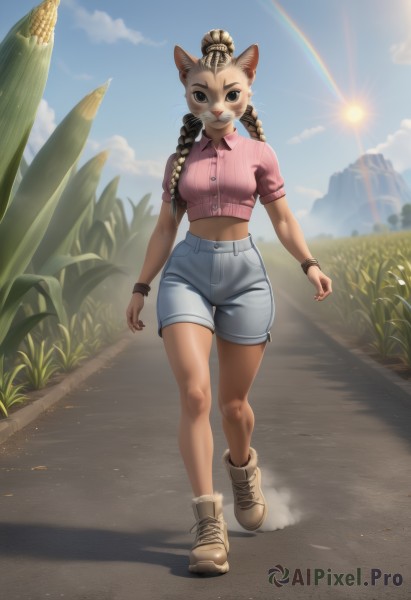 1girl,solo,long hair,breasts,looking at viewer,smile,brown hair,shirt,navel,animal ears,brown eyes,jewelry,medium breasts,closed mouth,standing,full body,braid,short sleeves,thighs,small breasts,boots,outdoors,sky,shoes,shorts,day,midriff,striped,shiny,collared shirt,artist name,cloud,cat ears,signature,blurry,black eyes,twin braids,bracelet,blue sky,crop top,short shorts,single braid,buttons,watermark,brown footwear,thigh gap,happy,sunlight,grass,cat girl,wristband,furry,forehead,lens flare,cross-laced footwear,wide hips,backlighting,walking,blue shorts,pocket,pink shirt,striped shirt,light rays,mountain,hair tie,furry female,arms at sides,sun,road,body fur,white fur,straight-on,animal nose,whiskers,puddle,brown fur,two-tone fur,multi-tied hair,path,sweatband,deviantart username,high-waist shorts,furrification,cropped sweater,denim,denim shorts,white shorts,wristwatch