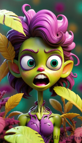 1girl,solo,breasts,looking at viewer,short hair,open mouth,green eyes,upper body,pink hair,purple hair,small breasts,teeth,blurry,blurry background,colored skin,leaf,feathers,plant,freckles,wide-eyed,green skin,transformation,plant girl,medium breasts,pointy ears,artist name,watermark,monster girl,web address,curly hair,pink skin,yellow skin