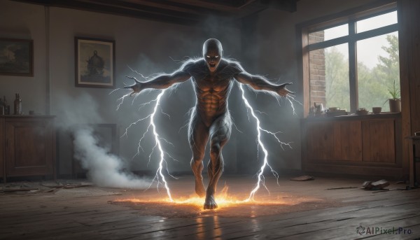 solo,looking at viewer,1boy,standing,full body,male focus,nude,indoors,book,window,muscular,glowing,chair,abs,table,outstretched arms,fire,plant,muscular male,glowing eyes,desk,wooden floor,electricity,potted plant,bald,lightning,burning,open mouth,tree,no humans,bodysuit,smoke,walking,spread arms,wall,superhero,painting (object),dust