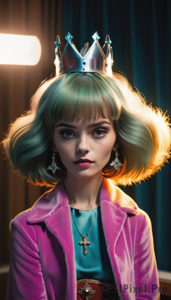 1girl,solo,looking at viewer,short hair,bangs,blue eyes,blonde hair,shirt,long sleeves,hat,jewelry,closed mouth,jacket,upper body,earrings,green hair,open clothes,artist name,indoors,signature,necklace,star (symbol),blurry,open jacket,lips,coat,eyelashes,makeup,blurry background,watermark,cross,crown,blue shirt,lipstick,corset,pendant,zipper,backlighting,pink lips,glint,realistic,nose,red lips,light,eyeliner,pink jacket,leather,star earrings,cross necklace,cross earrings,mascara,dress,green eyes,blunt bangs,thick eyebrows,gem,green dress