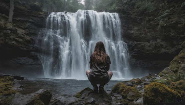 1girl, solo, long hair, skirt, brown hair, jacket, boots, outdoors, water, from behind, black jacket, squatting, scenery, waterfall