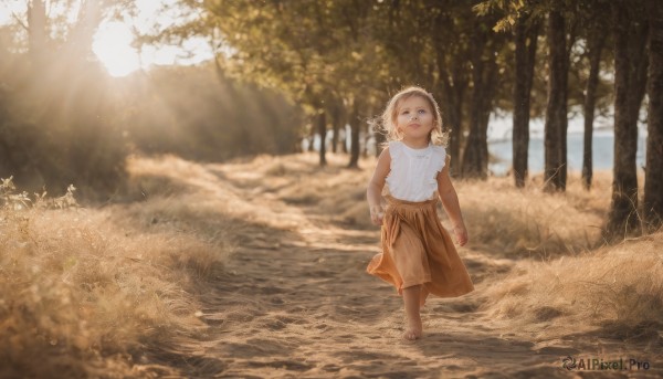 1girl,solo,looking at viewer,short hair,blue eyes,skirt,blonde hair,shirt,standing,white shirt,outdoors,barefoot,sleeveless,day,water,blurry,tree,sunlight,grass,child,nature,scenery,wading,forest,brown skirt,realistic,female child,dirty,smile,blurry background,sandals,aged down,walking,running,dirty feet