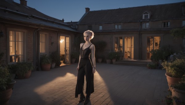 1girl,solo,breasts,looking at viewer,short hair,shirt,dress,cleavage,bare shoulders,jewelry,medium breasts,closed mouth,standing,full body,white hair,earrings,outdoors,shoes,sleeveless,pants,necklace,hair bun,black footwear,black dress,window,night,black pants,plant,building,scenery,door,potted plant,house,blonde hair,sky,bracelet,shadow