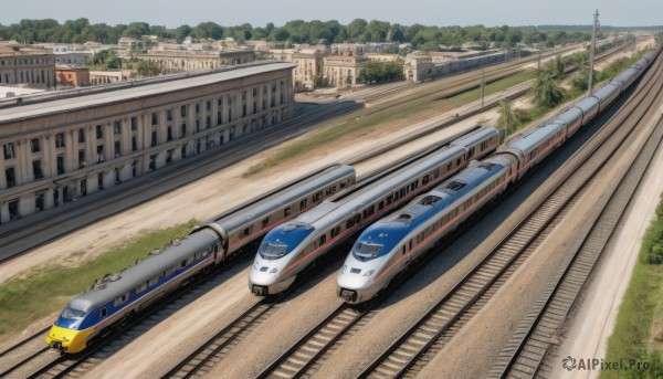 outdoors,sky,day,cloud,tree,no humans,grass,ground vehicle,building,scenery,motor vehicle,car,road,bridge,vehicle focus,train,railroad tracks,nature,realistic,power lines,river,train station,real world location