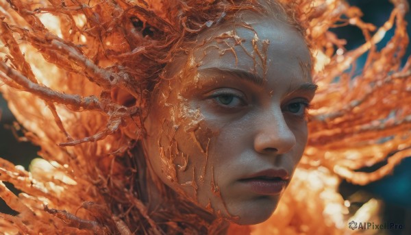 1girl,solo,looking at viewer,blue eyes,closed mouth,blurry,lips,grey eyes,blurry background,portrait,science fiction,realistic,nose,alien,green eyes,male focus,black eyes,eyelashes,expressionless,freckles,planet,orange theme