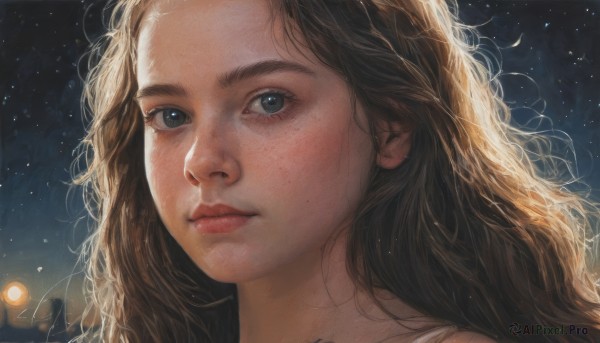 1girl,solo,long hair,looking at viewer,blue eyes,brown hair,closed mouth,outdoors,sky,mole,lips,grey eyes,night,wavy hair,messy hair,portrait,star (sky),night sky,starry sky,freckles,realistic,nose,lamppost,black hair,signature,eyelashes,close-up,forehead,backlighting,light,mole on cheek