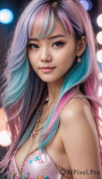 1girl,solo,long hair,breasts,looking at viewer,smile,bangs,cleavage,bare shoulders,brown eyes,jewelry,medium breasts,closed mouth,blue hair,swimsuit,upper body,pink hair,bikini,multicolored hair,earrings,necklace,blurry,black eyes,two-tone hair,lips,eyelashes,gradient hair,makeup,blurry background,bikini top only,realistic,nose,bokeh,blue eyes,purple hair,artist name,bra,from side,watermark,gem,pink lips