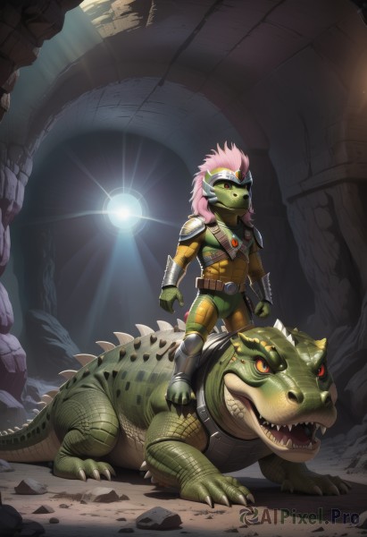 solo,open mouth,red eyes,1boy,pink hair,male focus,teeth,belt,armor,colored skin,fangs,sharp teeth,claws,spikes,monster,rock,riding,green skin,cave,dinosaur,long hair,gloves,tail,boots,crossover,shoulder armor,gauntlets,scales,shoulder pads,alien,turtle,lion,tokusatsu,lizard