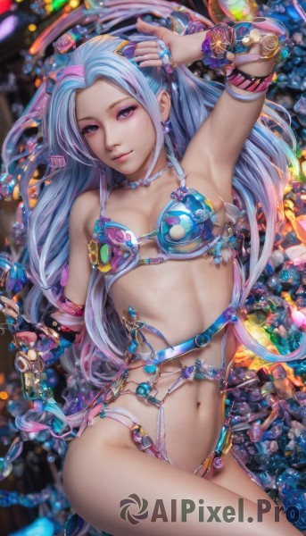 1girl,solo,long hair,breasts,looking at viewer,smile,gloves,navel,jewelry,medium breasts,underwear,blue hair,purple eyes,collarbone,swimsuit,braid,bikini,multicolored hair,earrings,fingerless gloves,pink eyes,armpits,necklace,nail polish,armor,arm up,bracelet,lips,blue nails,realistic,bikini armor,small breasts,two-tone hair,makeup,watermark,ring,web address,armlet,hand on own head