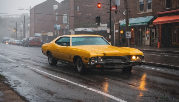 outdoors,sky,no humans,ground vehicle,building,scenery,motor vehicle,rain,city,sign,realistic,car,road,vehicle focus,power lines,lamppost,street,utility pole,road sign,grey sky,traffic light,sports car,truck,sidewalk,day,cloud,window,fire