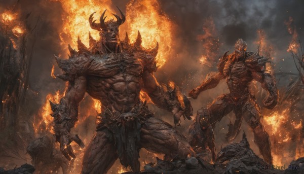 1boy,standing,tail,weapon,male focus,outdoors,multiple boys,horns,sky,teeth,cloud,signature,2boys,armor,muscular,glowing,abs,helmet,cloudy sky,fire,muscular male,shoulder armor,gauntlets,glowing eyes,claws,pelvic curtain,spikes,veins,pauldrons,skull,monster,rock,giant,manly,loincloth,demon,embers,molten rock,open mouth