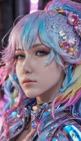 1girl,solo,long hair,looking at viewer,bangs,blue eyes,blonde hair,hair ornament,jewelry,green eyes,blue hair,ponytail,pink hair,multicolored hair,earrings,parted lips,choker,necklace,blurry,two-tone hair,lips,eyelashes,aqua hair,gradient hair,makeup,blurry background,gem,portrait,eyeshadow,realistic,nose,eyeliner,mascara,jacket,sidelocks,streaked hair,depth of field,headphones,close-up,beads,star hair ornament,pink lips