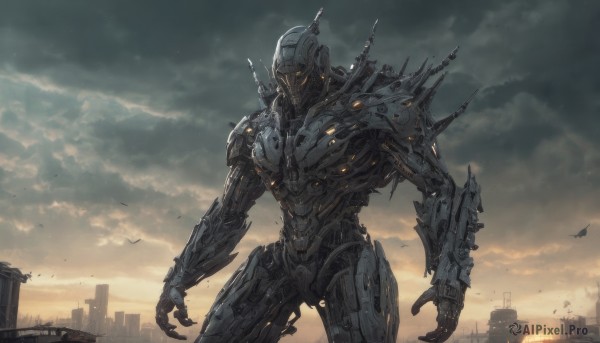 solo,outdoors,sky,cloud,signature,no humans,glowing,bird,cloudy sky,robot,building,mecha,claws,spikes,science fiction,city,realistic,aircraft,military vehicle,cityscape,skyscraper,open hands,alien,kaijuu,military,giant,super robot,arm blade