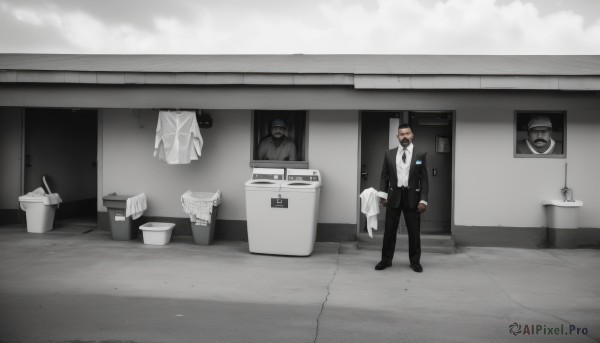 solo,short hair,brown hair,shirt,long sleeves,1boy,holding,standing,jacket,monochrome,white shirt,male focus,necktie,shoes,collared shirt,pants,indoors,black footwear,black jacket,facial hair,black pants,formal,suit,towel,black necktie,door,bucket,bathroom,wide shot,toilet,trash can,washing machine,black hair,multiple boys,2boys,sunglasses,mirror,tiles,tile floor,black suit,mop,laundry,trash bag