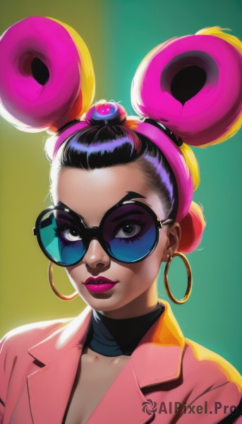 1girl,solo,breasts,looking at viewer,black hair,cleavage,jewelry,medium breasts,collarbone,jacket,upper body,pink hair,multicolored hair,earrings,glasses,choker,hair bun,black eyes,two-tone hair,lips,eyelashes,double bun,makeup,alternate hairstyle,sunglasses,lipstick,portrait,eyeshadow,green background,black-framed eyewear,hoop earrings,nose,round eyewear,eyeliner,pink jacket,purple lips,mascara,short hair,brown eyes,gradient,gradient background,thick eyebrows,backlighting,tinted eyewear,updo,purple-tinted eyewear