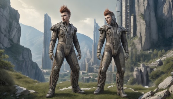 short hair,brown hair,1boy,standing,male focus,outdoors,multiple boys,sky,day,cloud,2boys,armor,bodysuit,grass,spiked hair,building,scenery,science fiction,rock,realistic,ruins,cyborg,cyberpunk,post-apocalypse,gloves,red hair,boots,signature,tree,siblings,robot,twins,city,mohawk