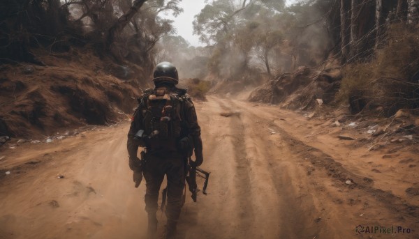 solo,1boy,holding,weapon,male focus,outdoors,day,bag,from behind,holding weapon,uniform,tree,gun,military,military uniform,backpack,helmet,holding gun,nature,scenery,rifle,forest,walking,science fiction,realistic,assault rifle,soldier,dust,m4 carbine,kalashnikov rifle,gloves,standing,jacket,boots,sky,pants,1other,headwear removed,sand,ambiguous gender,helmet removed,desert