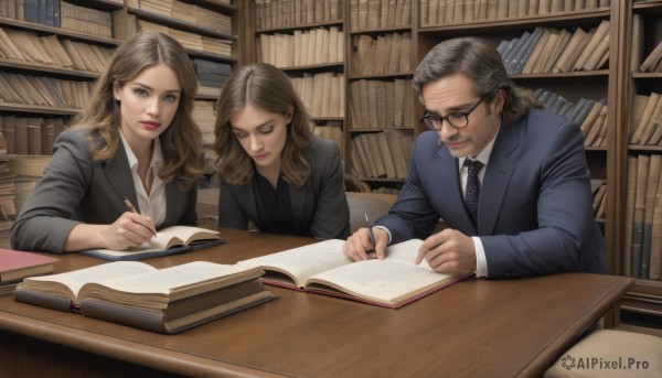 long hair,smile,blue eyes,multiple girls,blonde hair,brown hair,shirt,long sleeves,1boy,2girls,sitting,school uniform,jacket,closed eyes,white shirt,grey hair,necktie,glasses,collared shirt,indoors,lips,black jacket,book,formal,table,suit,open book,realistic,bookshelf,pen,library,writing,hogwarts school uniform,looking at viewer,holding,brown eyes,closed mouth,parted lips,3girls,dress shirt,facial hair,blazer,wing collar,beard,holding book,black-framed eyewear,mustache,smoking,reading,old,cigar