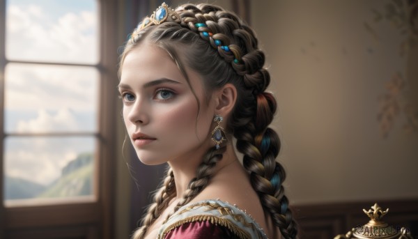 1girl,solo,long hair,looking at viewer,blue eyes,brown hair,black hair,hair ornament,dress,jewelry,upper body,braid,multicolored hair,earrings,parted lips,sky,day,artist name,cloud,indoors,blurry,twin braids,from side,lips,looking to the side,eyelashes,window,depth of field,blurry background,tiara,gem,portrait,freckles,realistic,nose,princess,multiple braids,bangs,two-tone hair,streaked hair,sunlight,forehead,crown braid,gold,blue gemstone