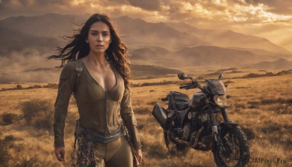 1girl,solo,long hair,breasts,looking at viewer,large breasts,brown hair,black hair,cleavage,brown eyes,medium breasts,collarbone,weapon,cowboy shot,outdoors,parted lips,sky,belt,cloud,lips,gun,bodysuit,cloudy sky,grass,ground vehicle,wind,motor vehicle,mountain,realistic,field,motorcycle,jacket,pants,scenery,sunset,dirty,landscape