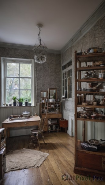 day,indoors,tree,cup,book,no humans,window,chair,table,sunlight,bottle,plant,box,scenery,plate,bowl,wooden floor,door,potted plant,lamp,stool,shelf,kitchen,jar,sink,ceiling light,cabinet,painting (object),ceiling,chandelier