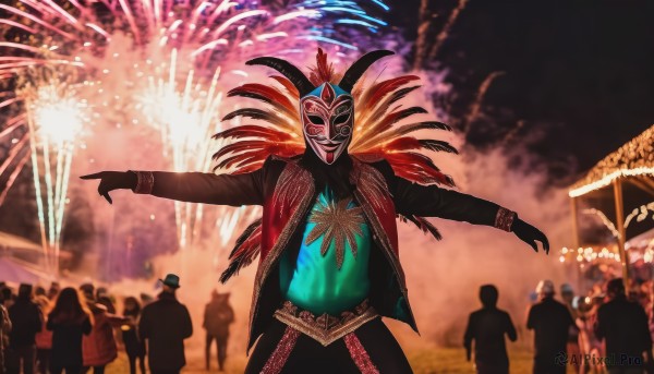 smile,open mouth,shirt,gloves,long sleeves,1boy,jewelry,standing,jacket,male focus,outdoors,multiple boys,horns,sky,solo focus,black gloves,blurry,vest,black jacket,mask,night,blurry background,outstretched arms,feathers,pointing,night sky,6+boys,spread arms,fireworks,crowd,festival,aerial fireworks,tokusatsu,6+others,fox mask