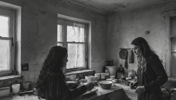 long hair,multiple girls,long sleeves,hat,dress,holding,2girls,monochrome,greyscale,indoors,looking at another,cup,window,wavy hair,plate,bowl,mirror,cooking,tile wall,kitchen,frying pan,sink,faucet,cabinet,stove,smile,food,from side,bottle,knife,spoon,door,wall,jar,horror (theme),cutting board