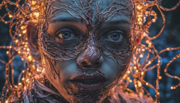 1girl,solo,looking at viewer,blue eyes,1boy,closed mouth,male focus,parted lips,artist name,blurry,black eyes,lips,grey eyes,depth of field,blurry background,portrait,close-up,reflection,realistic,black hair,teeth