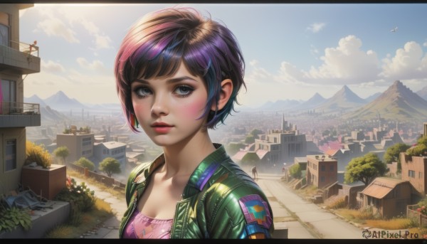 1girl,solo,breasts,looking at viewer,short hair,bangs,blue eyes,brown hair,shirt,black hair,cleavage,medium breasts,collarbone,jacket,upper body,purple hair,flower,multicolored hair,small breasts,outdoors,parted lips,open clothes,sky,day,artist name,cloud,black eyes,open jacket,tree,blue sky,lips,eyelashes,makeup,swept bangs,grass,plant,lipstick,ground vehicle,building,scenery,motor vehicle,freckles,pink shirt,green jacket,mountain,city,nose,potted plant,road,bush,cityscape,leather,house,leather jacket,mascara,town,blush,closed mouth,solo focus,signature,bird,sunlight,letterboxed,realistic,street,landscape,flower pot,pavement