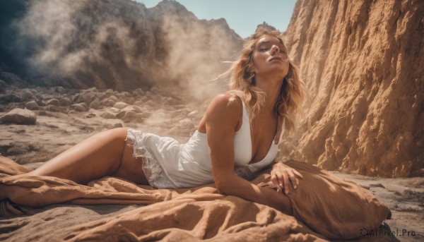 1girl,solo,long hair,breasts,blonde hair,cleavage,bare shoulders,medium breasts,closed mouth,underwear,panties,closed eyes,outdoors,lying,sky,barefoot,sleeveless,day,lips,bare legs,bottomless,on side,tank top,no pants,camisole,rock,mountain,realistic,desert,dust,blue eyes,shirt,dress,jewelry,small breasts,parted lips,dark skin,white dress,dark-skinned female,blue sky,pillow,bare arms,sunlight,on stomach,messy hair,nose