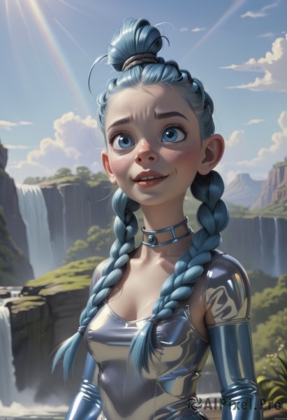 1girl,solo,long hair,breasts,blush,smile,blue eyes,cleavage,twintails,jewelry,medium breasts,blue hair,upper body,braid,earrings,small breasts,outdoors,sky,teeth,choker,day,artist name,cloud,water,twin braids,blue sky,lips,wet,eyelashes,bodysuit,makeup,piercing,sunlight,looking up,lipstick,hair over shoulder,forehead,freckles,mountain,nose,waterfall,collarbone,parted lips,shiny,hair bun,collar,tattoo,thick eyebrows,cloudy sky,nature,shiny clothes,light rays,hair tie,biting,sunbeam,rainbow,latex,lip biting