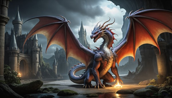 HQ,open mouth,red eyes,tail,outdoors,wings,horns,sky,teeth,cloud,water,no humans,glowing,fangs,cloudy sky,fire,sharp teeth,scenery,glowing eyes,claws,monster,fantasy,dragon,scales,ruins,pillar,castle,dragon wings,breathing fire,night,spikes,rock,flame,statue