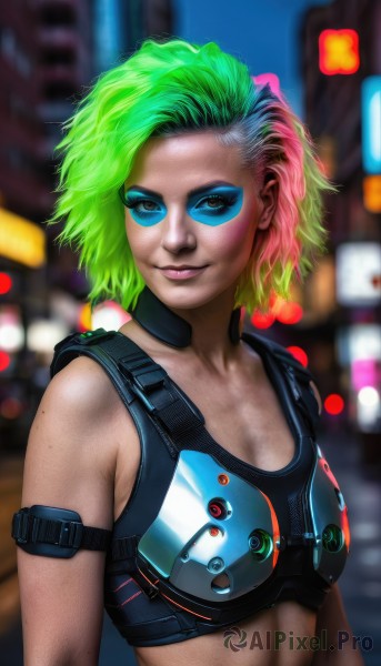 1girl,solo,breasts,looking at viewer,smile,short hair,blue eyes,cleavage,bare shoulders,upper body,pink hair,multicolored hair,small breasts,green hair,midriff,armor,blurry,two-tone hair,lips,eyelashes,makeup,depth of field,blurry background,watermark,lipstick,web address,eyeshadow,freckles,realistic,nose,eyeliner,tinted eyewear,mascara,cyberpunk,rainbow hair,medium breasts,facepaint,neon lights