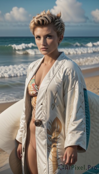 1girl,solo,breasts,looking at viewer,short hair,blonde hair,brown hair,black hair,long sleeves,hat,navel,holding,cleavage,brown eyes,jewelry,medium breasts,standing,swimsuit,bikini,multicolored hair,earrings,outdoors,open clothes,sky,day,belt,cloud,dark skin,water,blurry,dark-skinned female,blue sky,lips,coat,no panties,blurry background,bottomless,ocean,beach,piercing,ear piercing,bikini top only,headwear removed,hat removed,robe,realistic,nose,sand,holding clothes,very short hair,white robe,surfboard,open robe,blue eyes