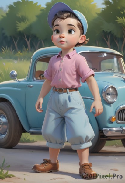 1girl,solo,short hair,brown hair,shirt,1boy,hat,brown eyes,closed mouth,standing,full body,short sleeves,male focus,outdoors,shoes,shorts,day,collared shirt,belt,pants,tree,brown footwear,grass,ground vehicle,child,motor vehicle,blue headwear,freckles,pink shirt,female child,car,brown belt,male child,realistic